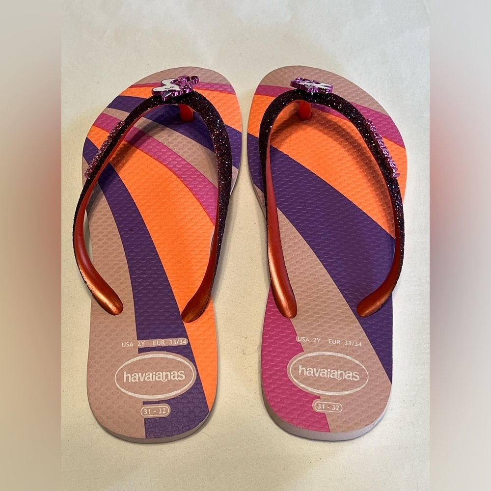 Havaianas flip flops slides sandals Girls 2 pink purple glitter rainbow unicorn - Picture 6 of 10